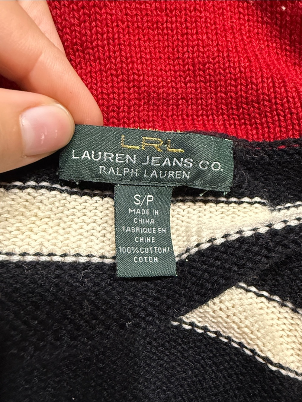 Lauren by Ralph Lauren Striped Knit Half-Zip Sweater with Red Collar - Picture 3 of 3